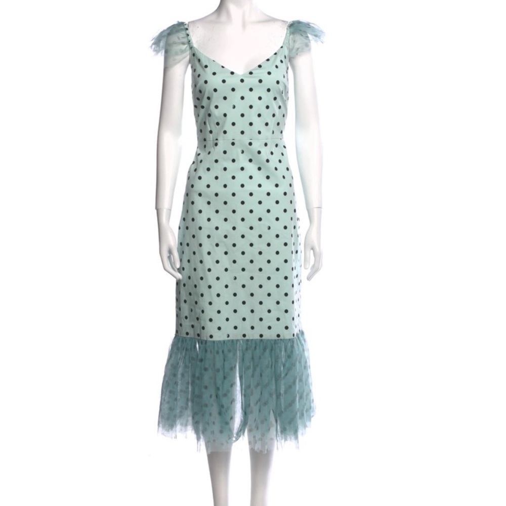 Staud Marwa Tulle Ruffled Midi Dress Revealing - Green w/Black Polka Dots Size 4
